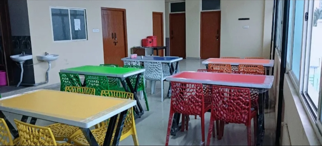 Dining area with colorful tables